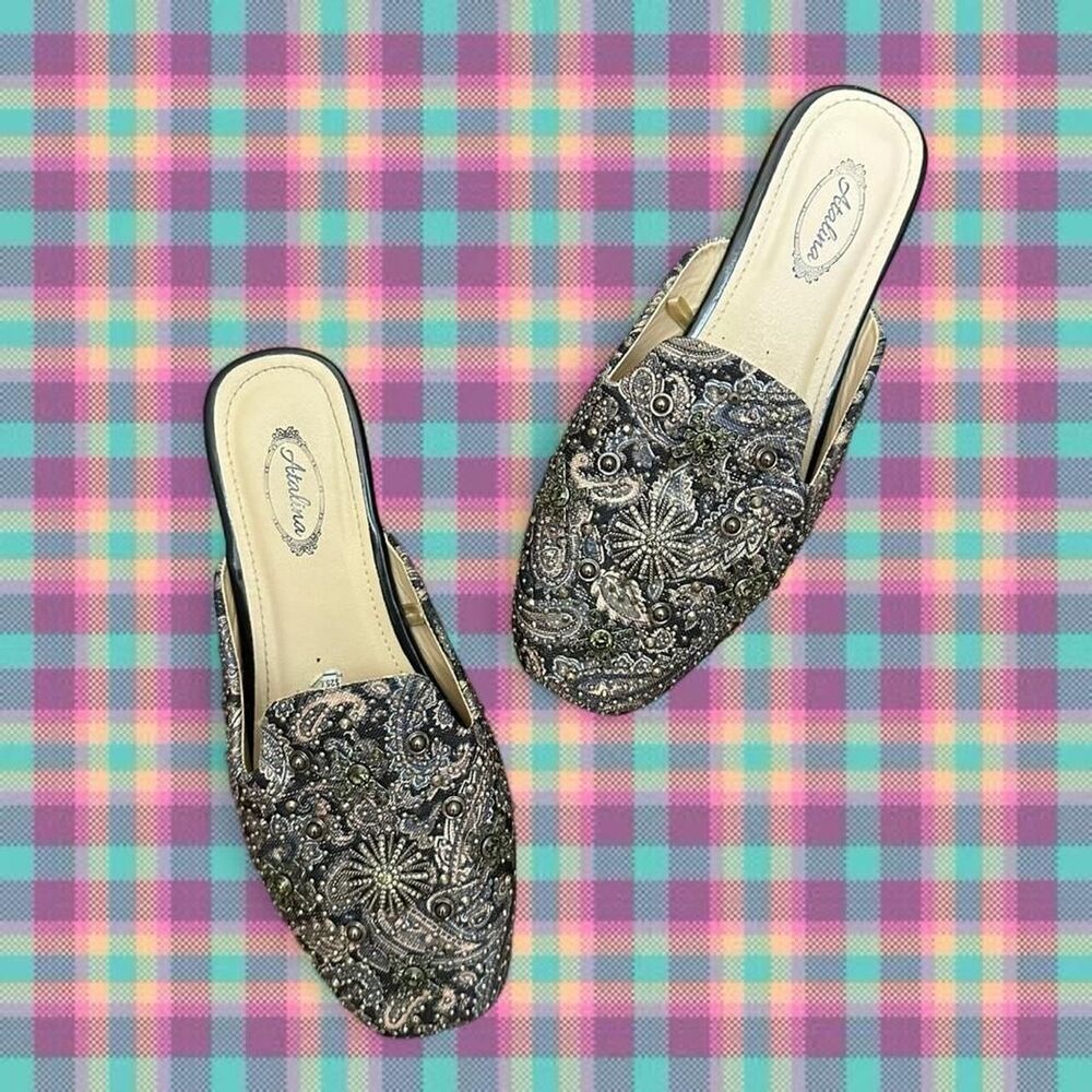 Atalina Black and Silver Bejeweled Retro Mule Shoes